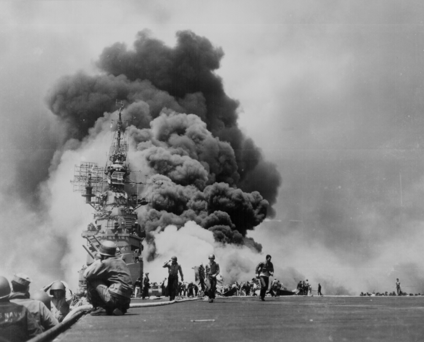30 - USS BUNKER HILL hit by 2 kamikazes.jpg
